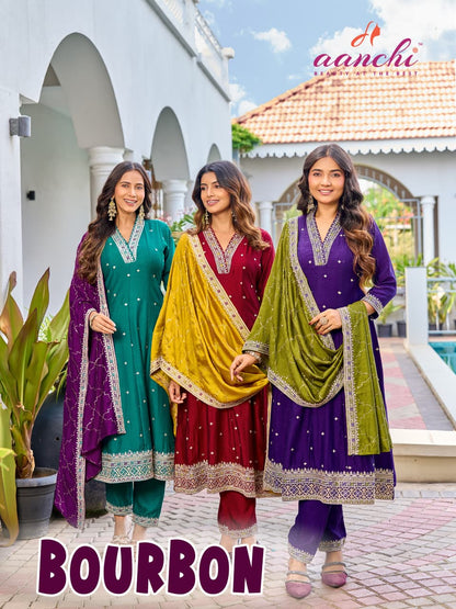 Bourbon Aanchi Vichitra Silk Readymade Anarkali Suits Exporter Gujarat