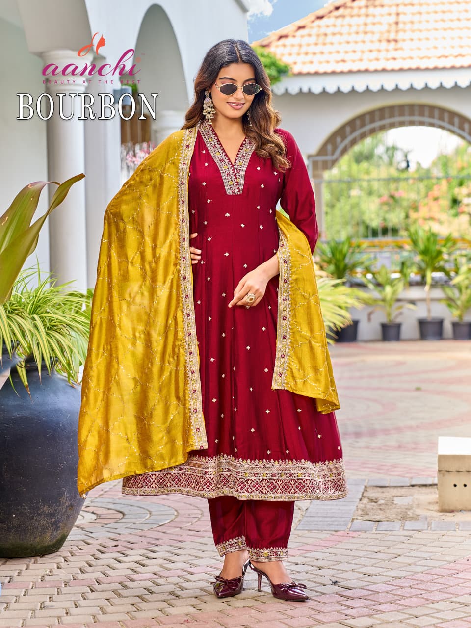 Bourbon Aanchi Vichitra Silk Readymade Anarkali Suits Exporter Gujarat
