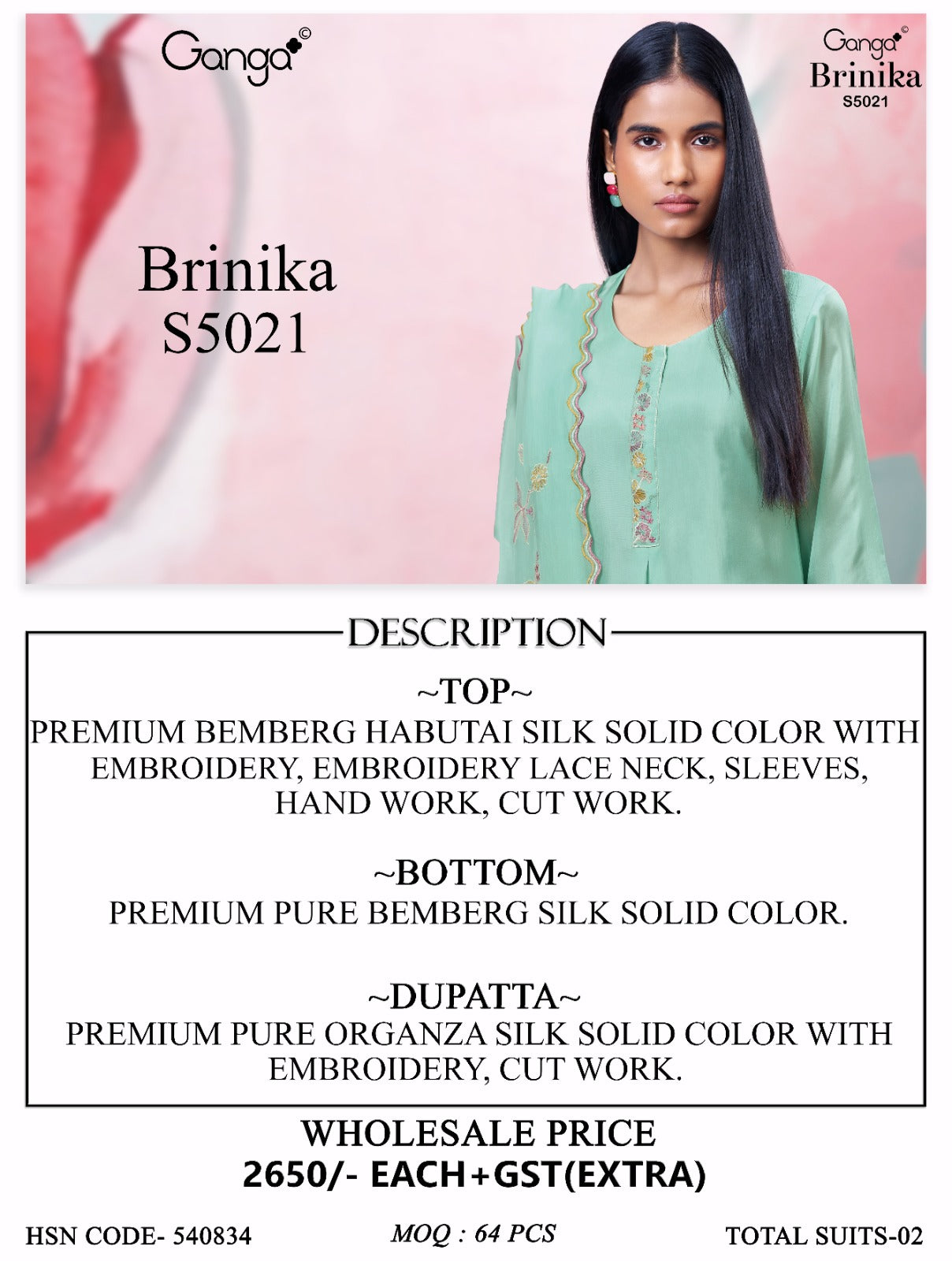 Brinika S5021 Ganga Bemberg Silk Plazzo Style Suits Manufacturer India