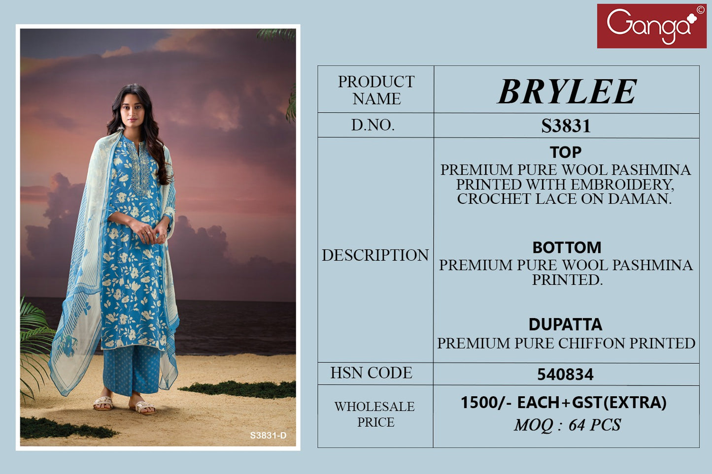 Brylee 3831 Ganga Pashmina Suits Exporter Ahmedabad