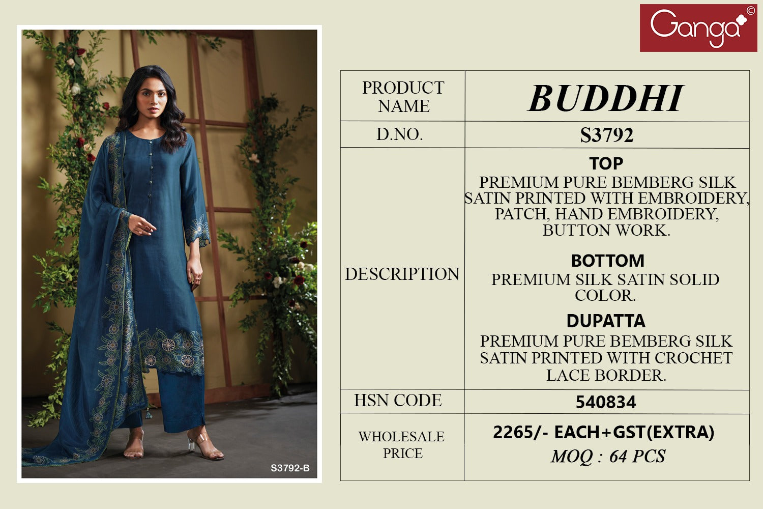 Buddhi 3792 Ganga Premium Bemberg Plazzo Style Suits Exporter