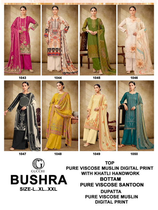 Bushra 1043-1050 Gucchi Muslin Readymade Plazzo Style Suits Wholesale Price