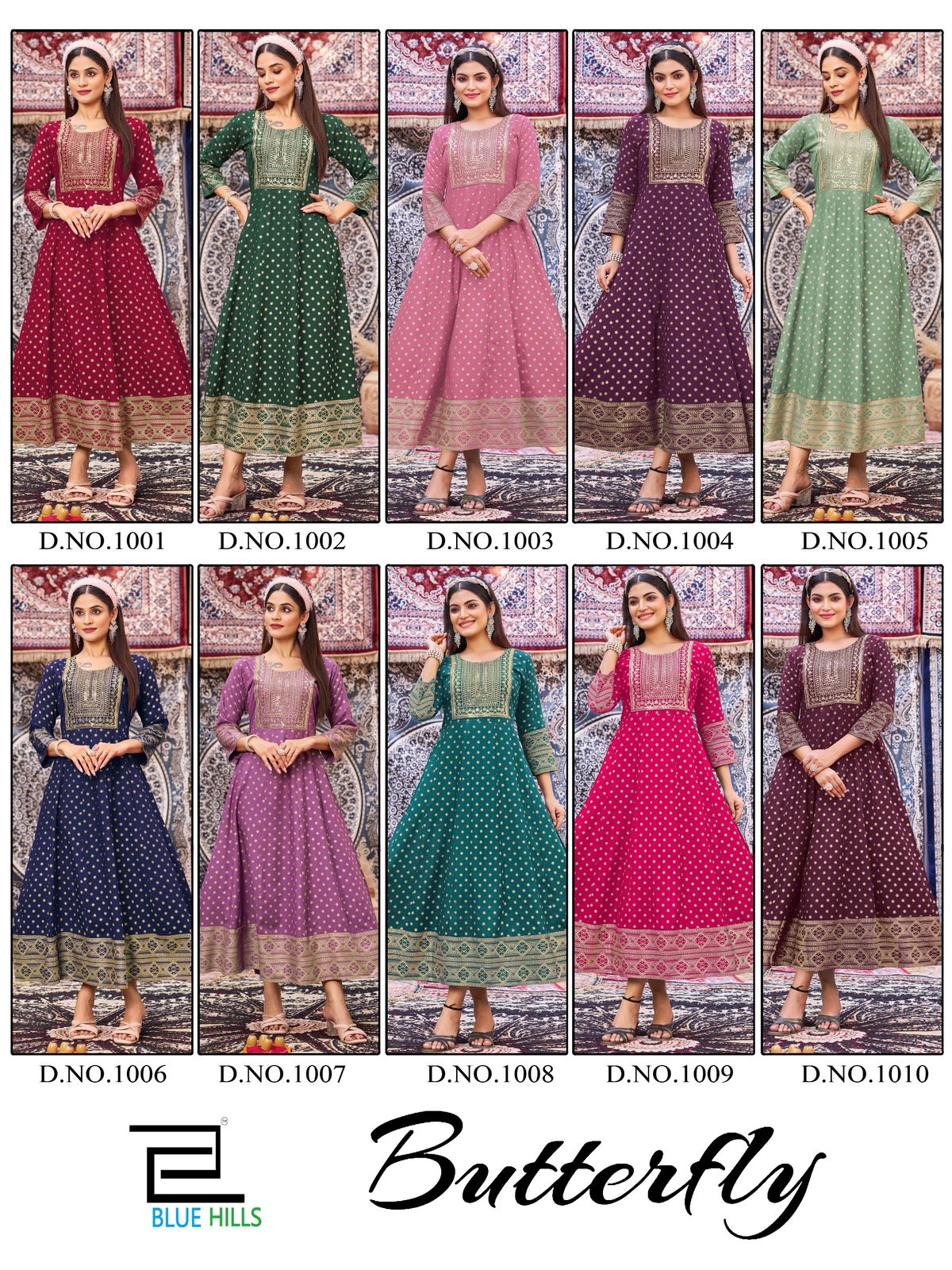 Butterfly Blue Hills Rayon 14Kg Anarkali Kurtis Wholesaler