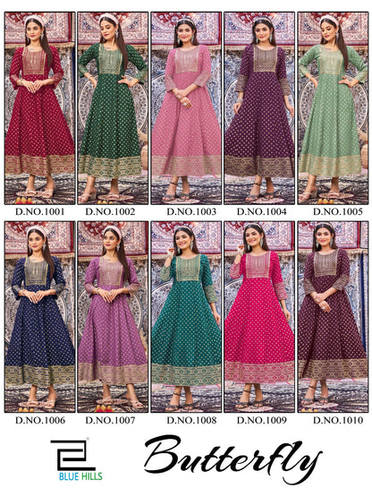 Butterfly Blue Hills Rayon 14Kg Anarkali Kurtis Wholesaler