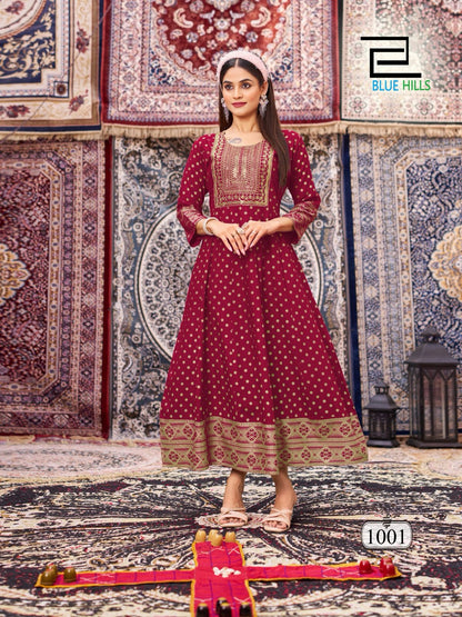 Butterfly Blue Hills Rayon 14Kg Anarkali Kurtis Wholesaler