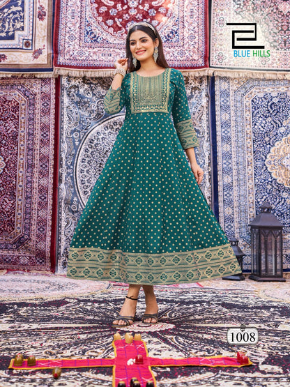Butterfly Blue Hills Rayon 14Kg Anarkali Kurtis Wholesaler