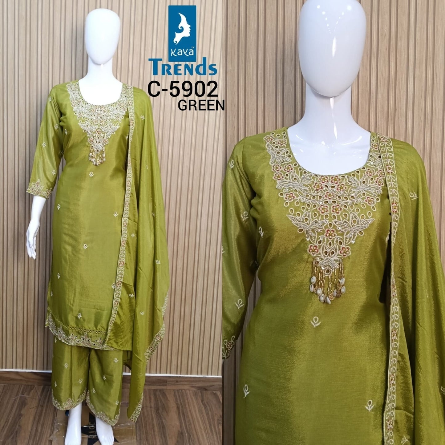 C 5902 Green-Rani-Rust Kaya Chinon Readymade Plazzo Style Suits Wholesale