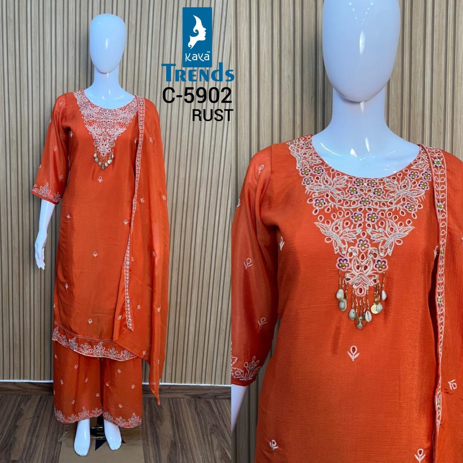 C 5902 Green-Rani-Rust Kaya Chinon Readymade Plazzo Style Suits Wholesale