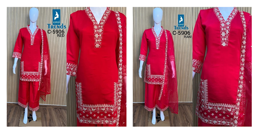 C 5906 Red-Rani Kaya Roman Silk Readymade Plazzo Style Suits Wholesaler Gujarat