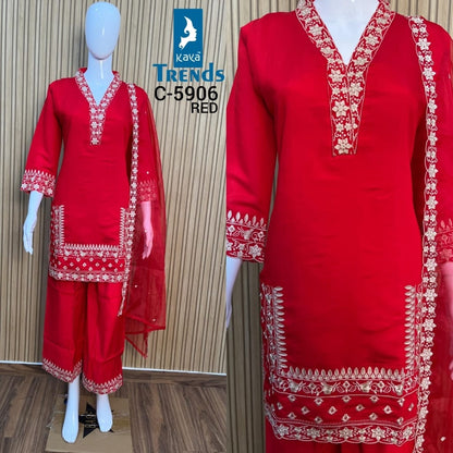 C 5906 Red-Rani Kaya Roman Silk Readymade Plazzo Style Suits Wholesaler Gujarat