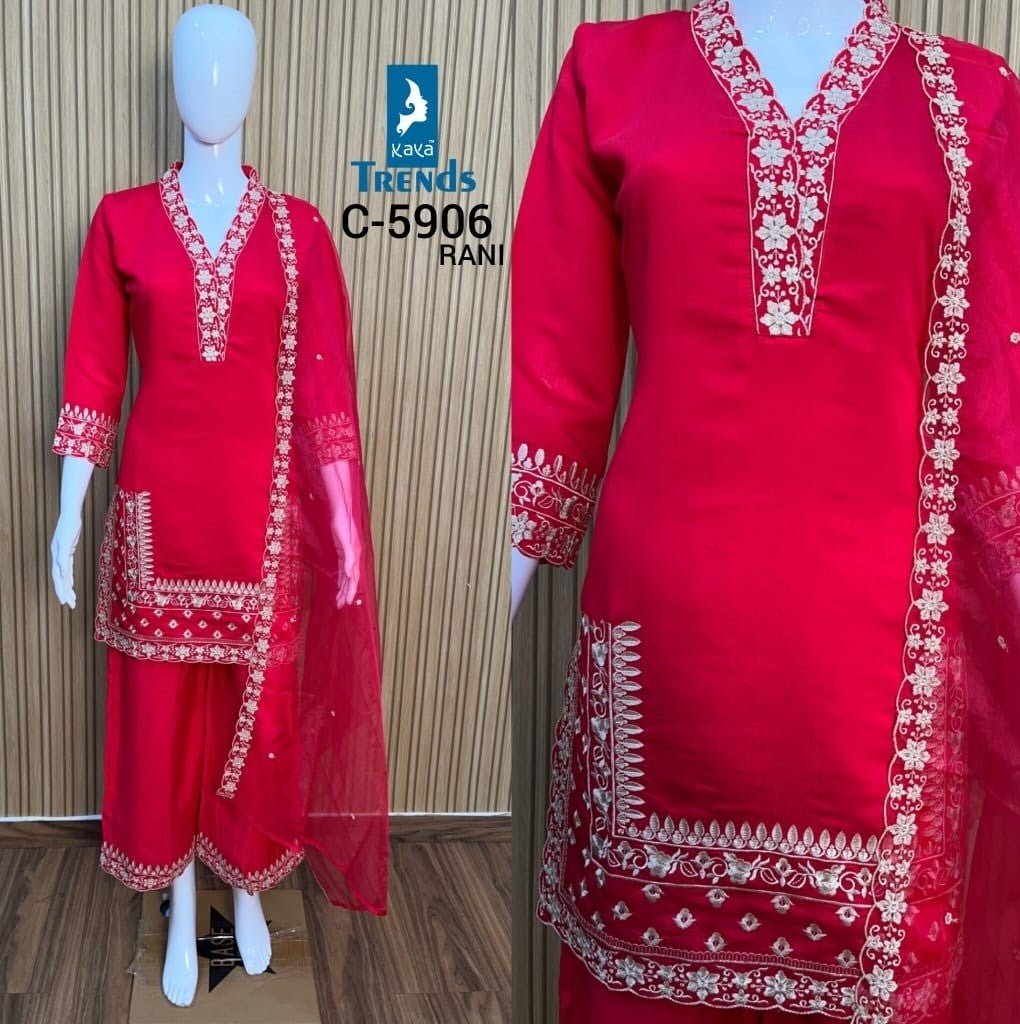 C 5906 Red-Rani Kaya Roman Silk Readymade Plazzo Style Suits Wholesaler Gujarat