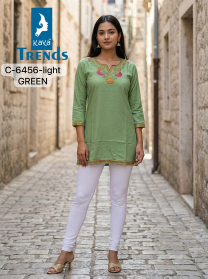 C 6456 Light Kaya Trends Rayon Short Kurtis Manufacturer Gujarat