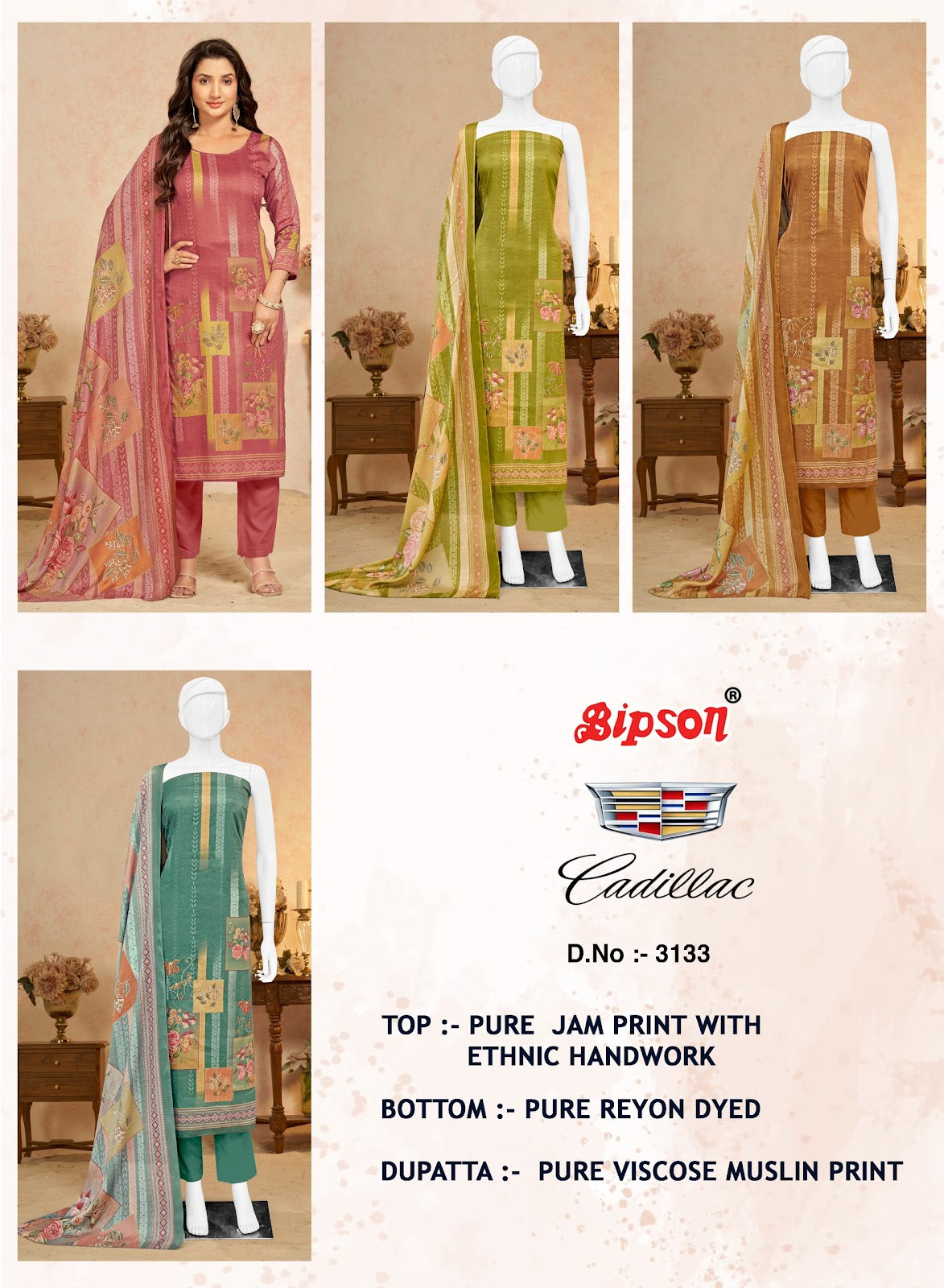 Cadillac 3133 Bipson Prints Pure Jaam Pant Style Suits Wholesaler India