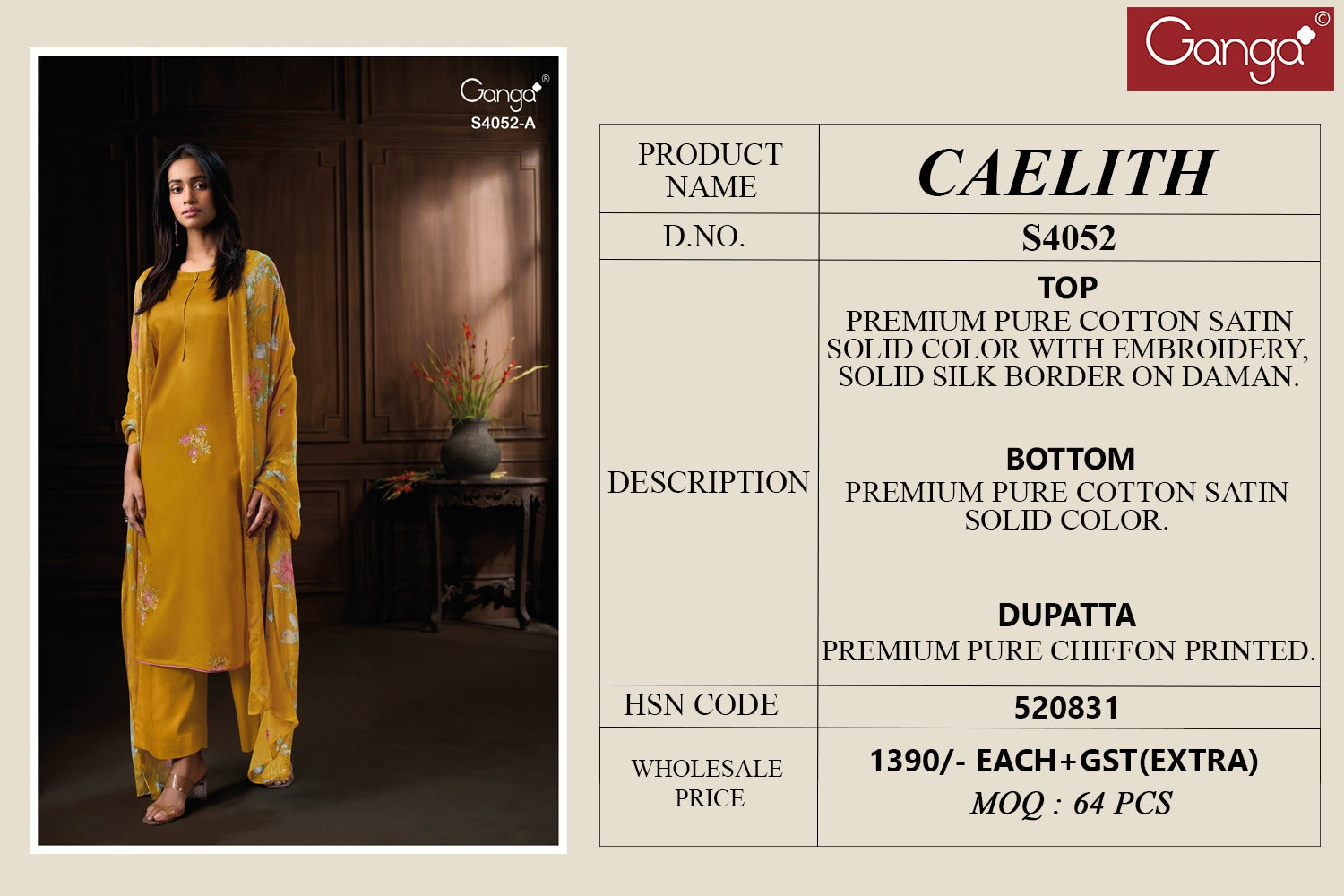 Caelith 4052 Ganga Cotton Satin Pant Style Suits Exporter