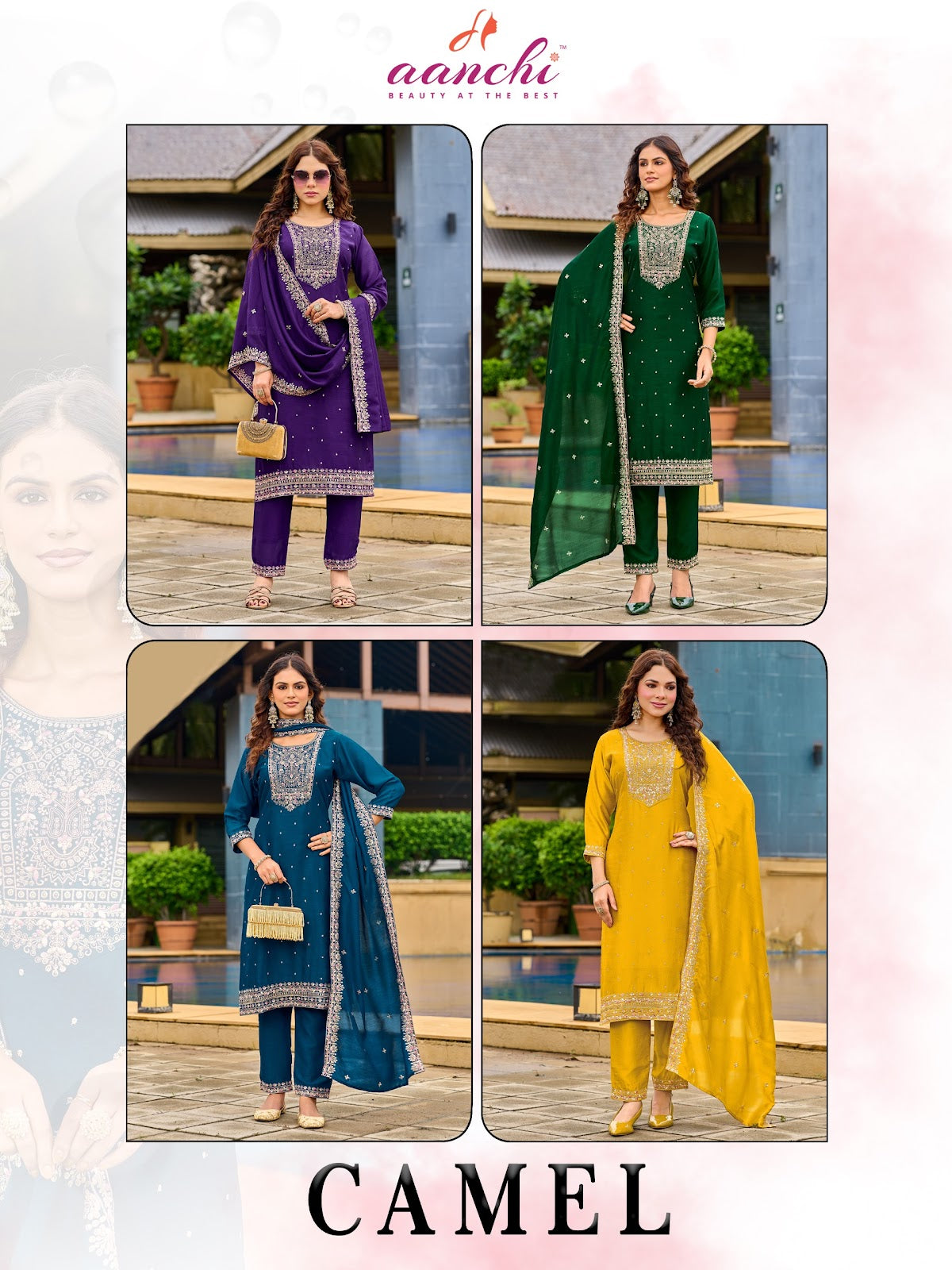 Camel Aanchi Vichitra Silk Readymade Pant Style Suits Supplier