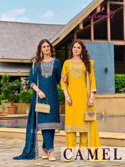 Camel Aanchi Vichitra Silk Readymade Pant Style Suits Supplier