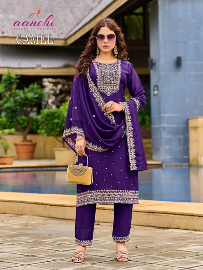 Camel Aanchi Vichitra Silk Readymade Pant Style Suits Supplier