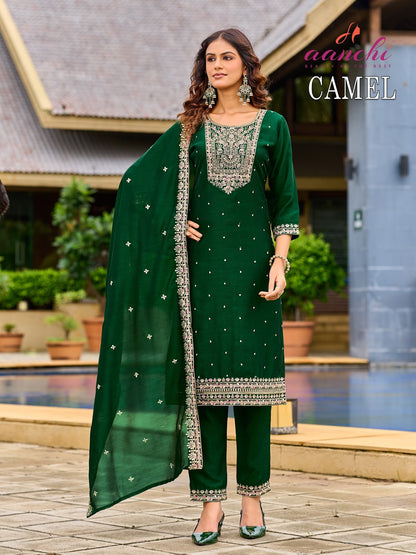 Camel Aanchi Vichitra Silk Readymade Pant Style Suits Supplier