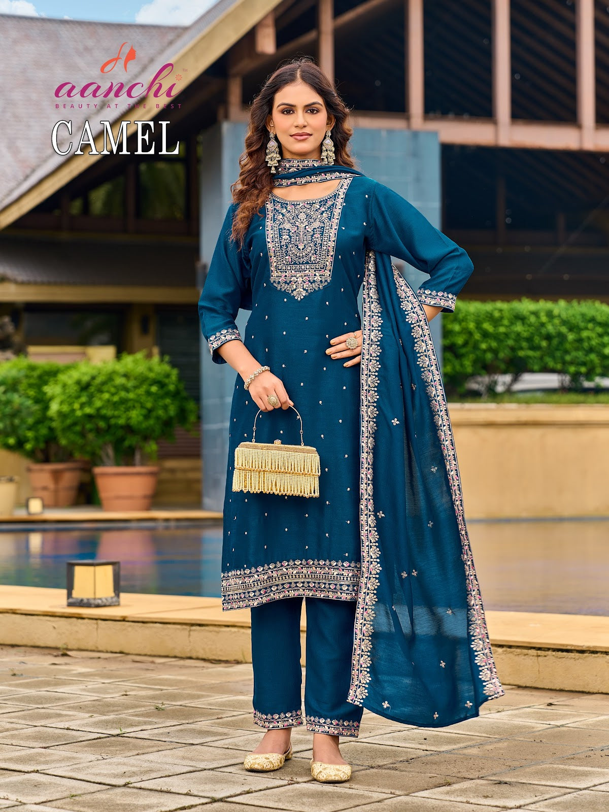 Camel Aanchi Vichitra Silk Readymade Pant Style Suits Supplier