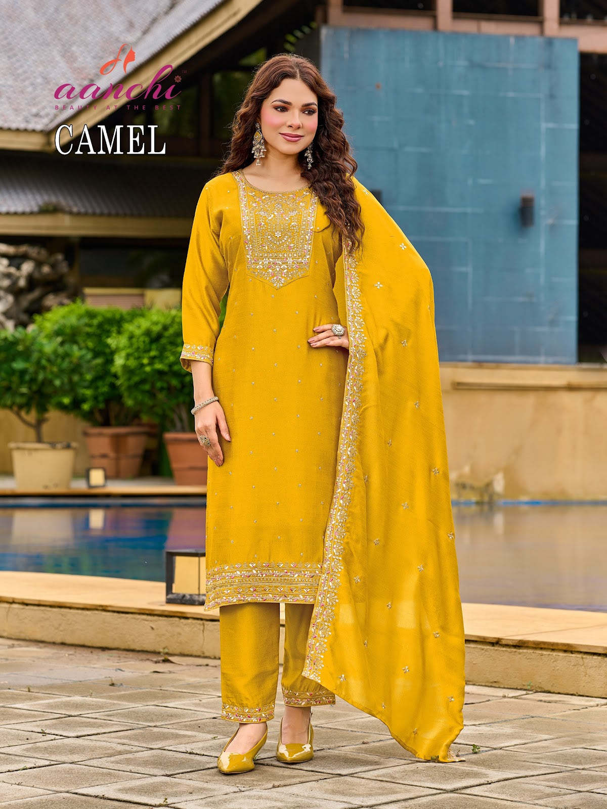 Camel Aanchi Vichitra Silk Readymade Pant Style Suits Supplier