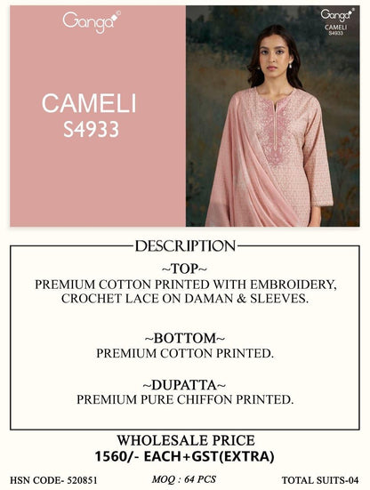 Cameli S4933 Ganga Cotton Plazzo Style Suits Wholesale
