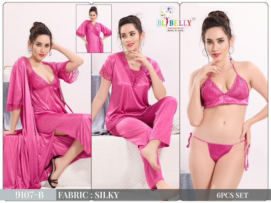 Camisole Robe Bra Panty Top Pyjama Set Belly Satin 6 Pcs Nighty Supplier Ahmedabad