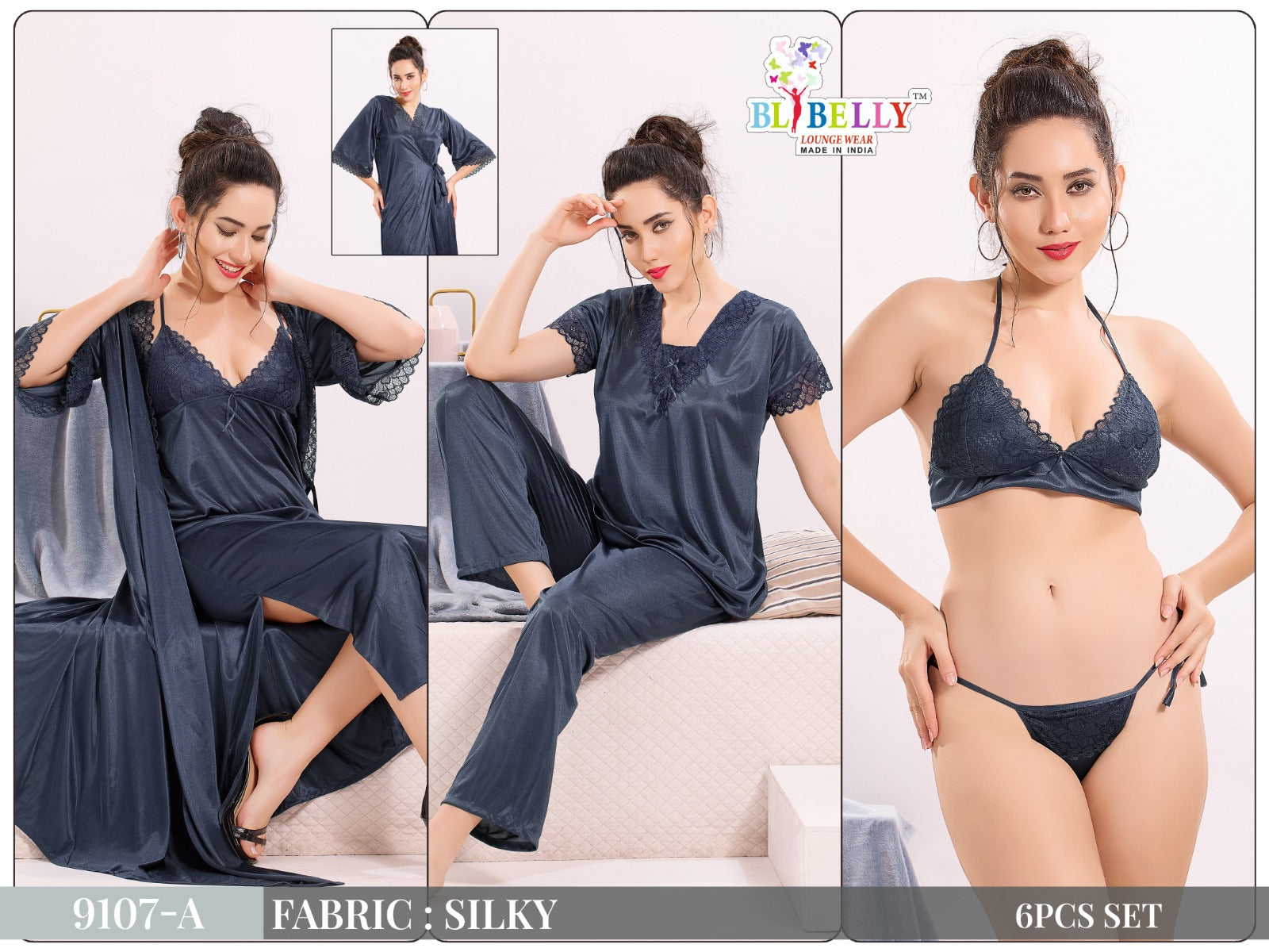 Camisole Robe Bra Panty Top Pyjama Set Belly Satin 6 Pcs Nighty Supplier Ahmedabad