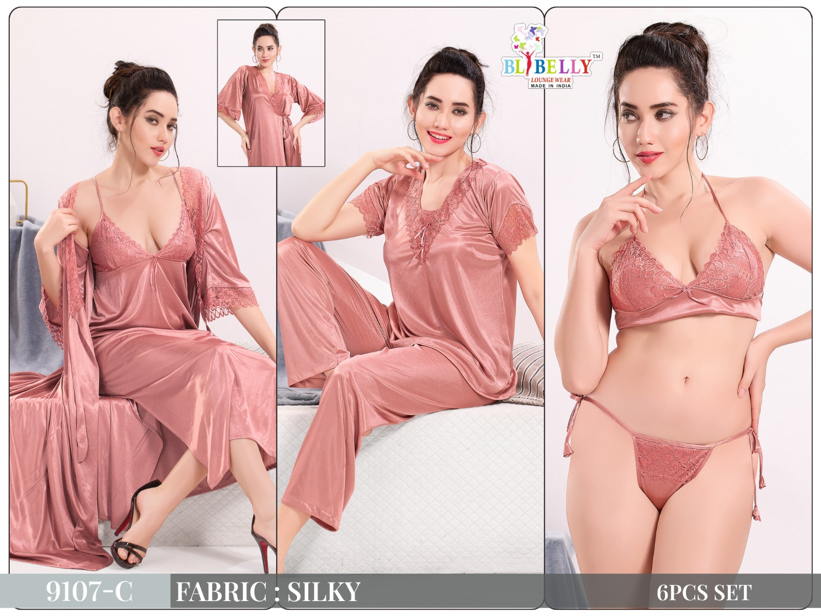 Camisole Robe Bra Panty Top Pyjama Set Belly Satin 6 Pcs Nighty Supplier Ahmedabad