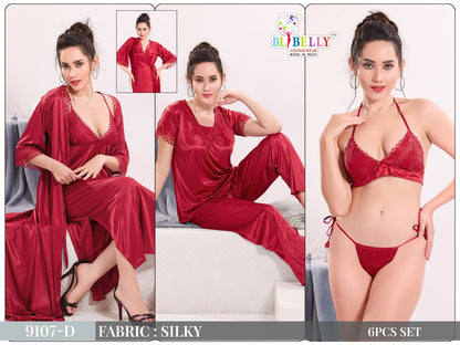 Camisole Robe Bra Panty Top Pyjama Set Belly Satin 6 Pcs Nighty Supplier Ahmedabad