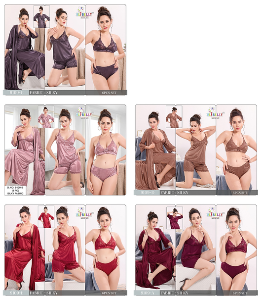 Camisole Robe Slip Bra Panty Shorts Belly Satin 6 Pcs Nighty Manufacturer Ahmedabad