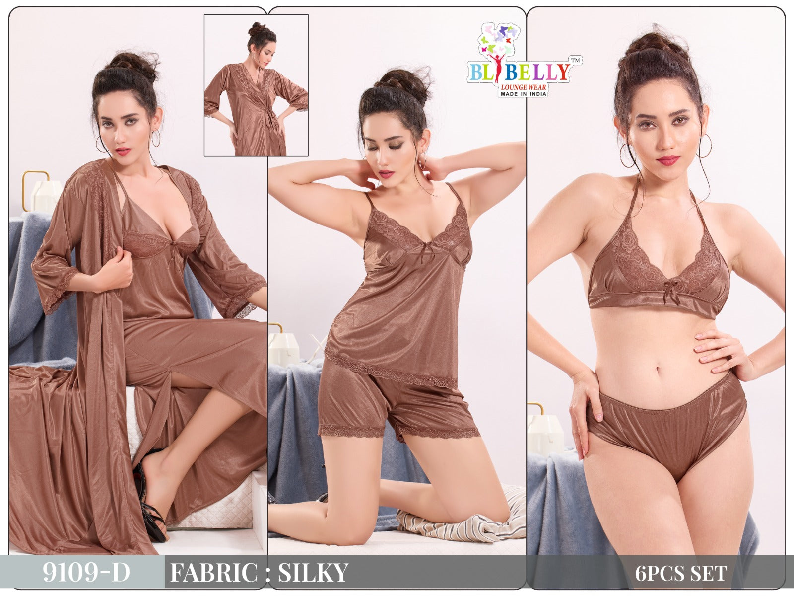 Camisole Robe Slip Bra Panty Shorts Belly Satin 6 Pcs Nighty Manufacturer Ahmedabad