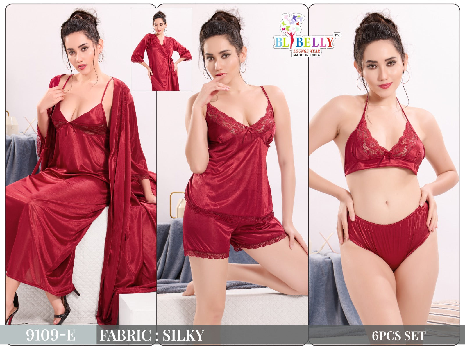 Camisole Robe Slip Bra Panty Shorts Belly Satin 6 Pcs Nighty Manufacturer Ahmedabad