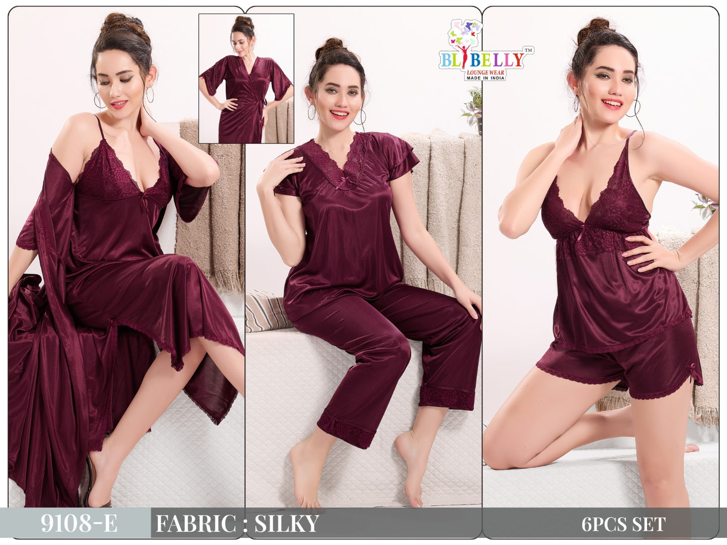 Camisole Robe Slip Shorts Top Pyjama Set Belly Satin 6 Pcs Nighty Exporter Ahmedabad