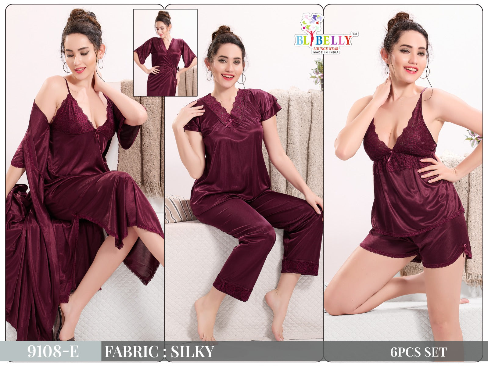 Camisole Robe Slip Shorts Top Pyjama Set Belly Satin 6 Pcs Nighty Exporter Ahmedabad
