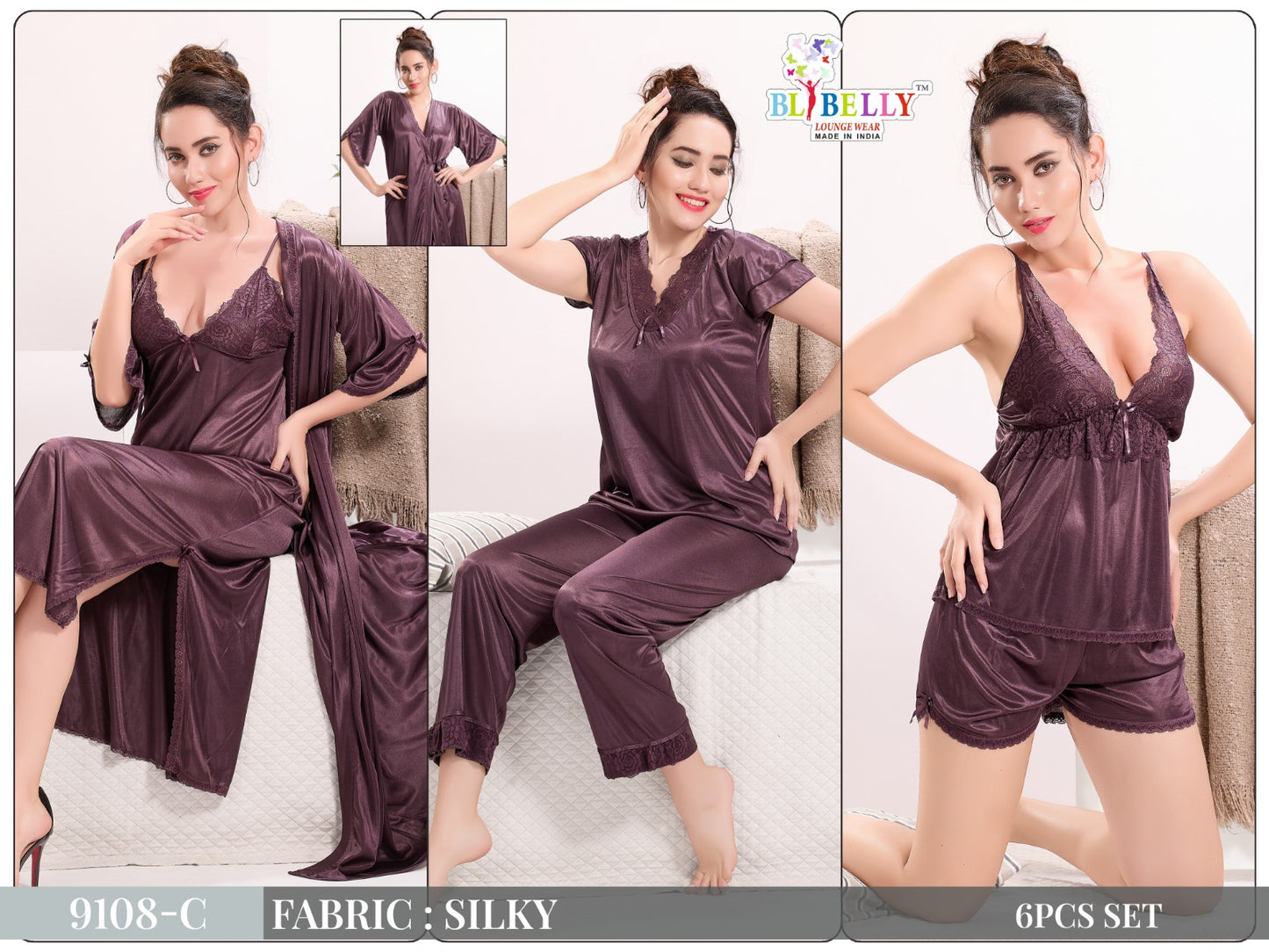Camisole Robe Slip Shorts Top Pyjama Set Belly Satin 6 Pcs Nighty Exporter Ahmedabad