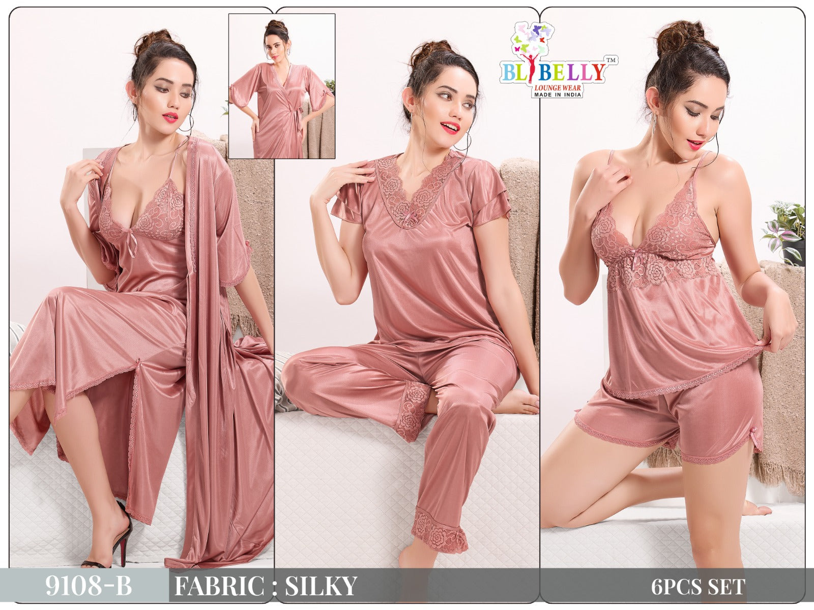 Camisole Robe Slip Shorts Top Pyjama Set Belly Satin 6 Pcs Nighty Exporter Ahmedabad