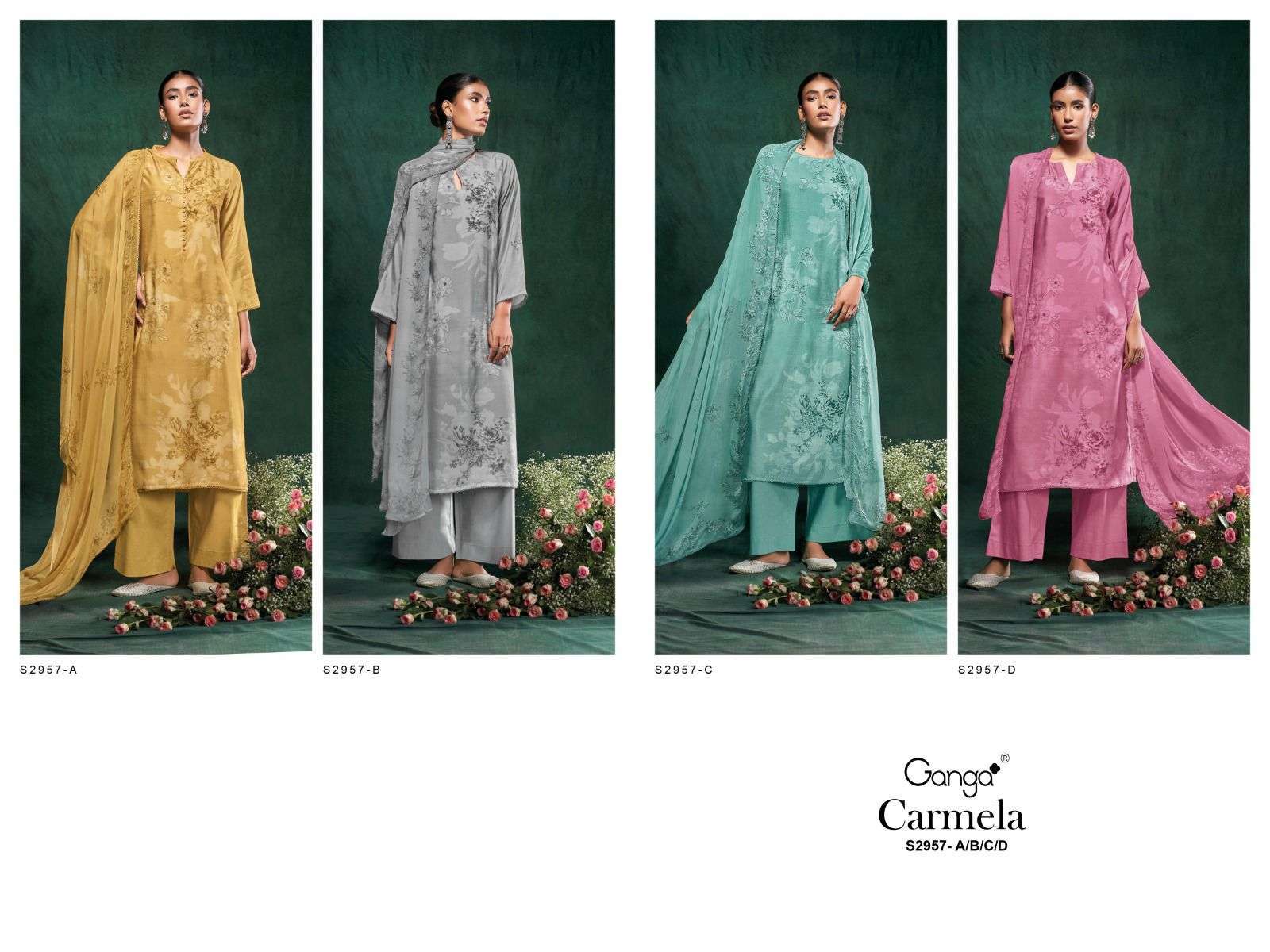 Carmela S2957 Ganga Pashmina Plazzo Style Suits Exporter Gujarat