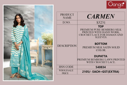 Carmen 3231 Ganga Premium Bemberg Plazzo Style Suits Supplier