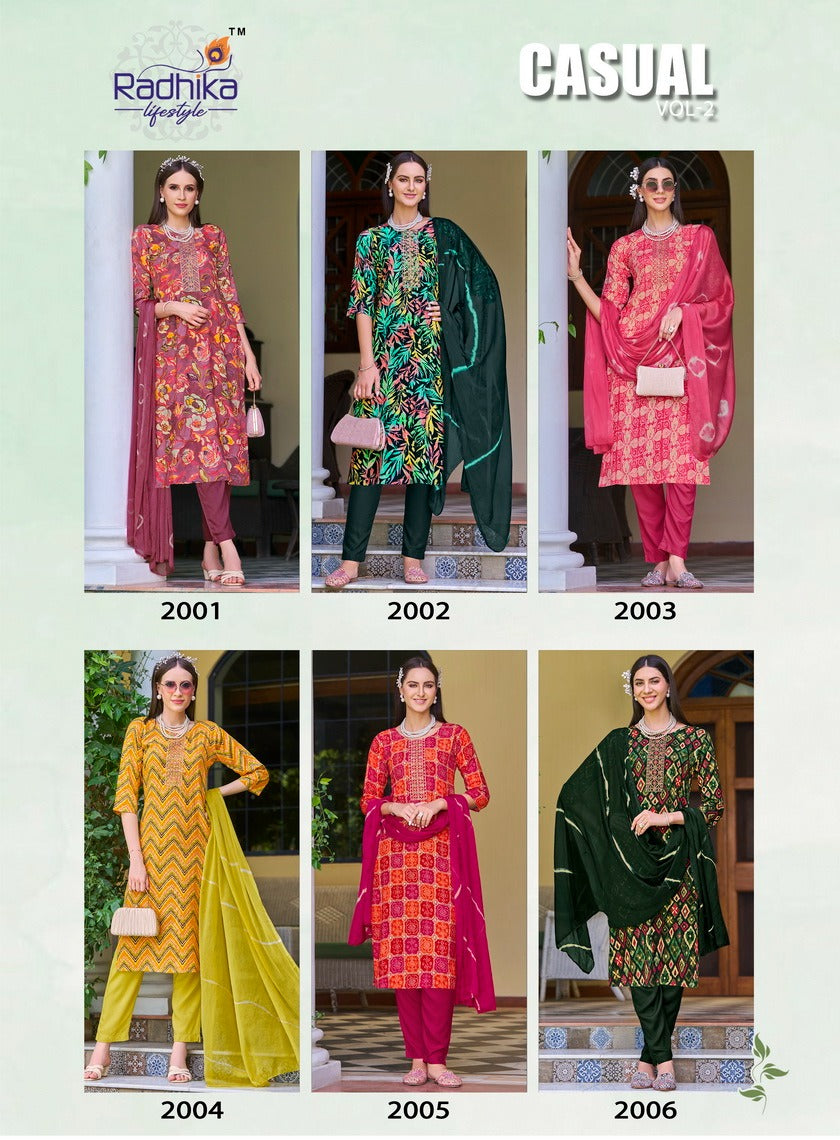 Casual Vol 2 Radhika Lifestyle Heavy Rayon Readymade Pant Style Suits Exporter Gujarat