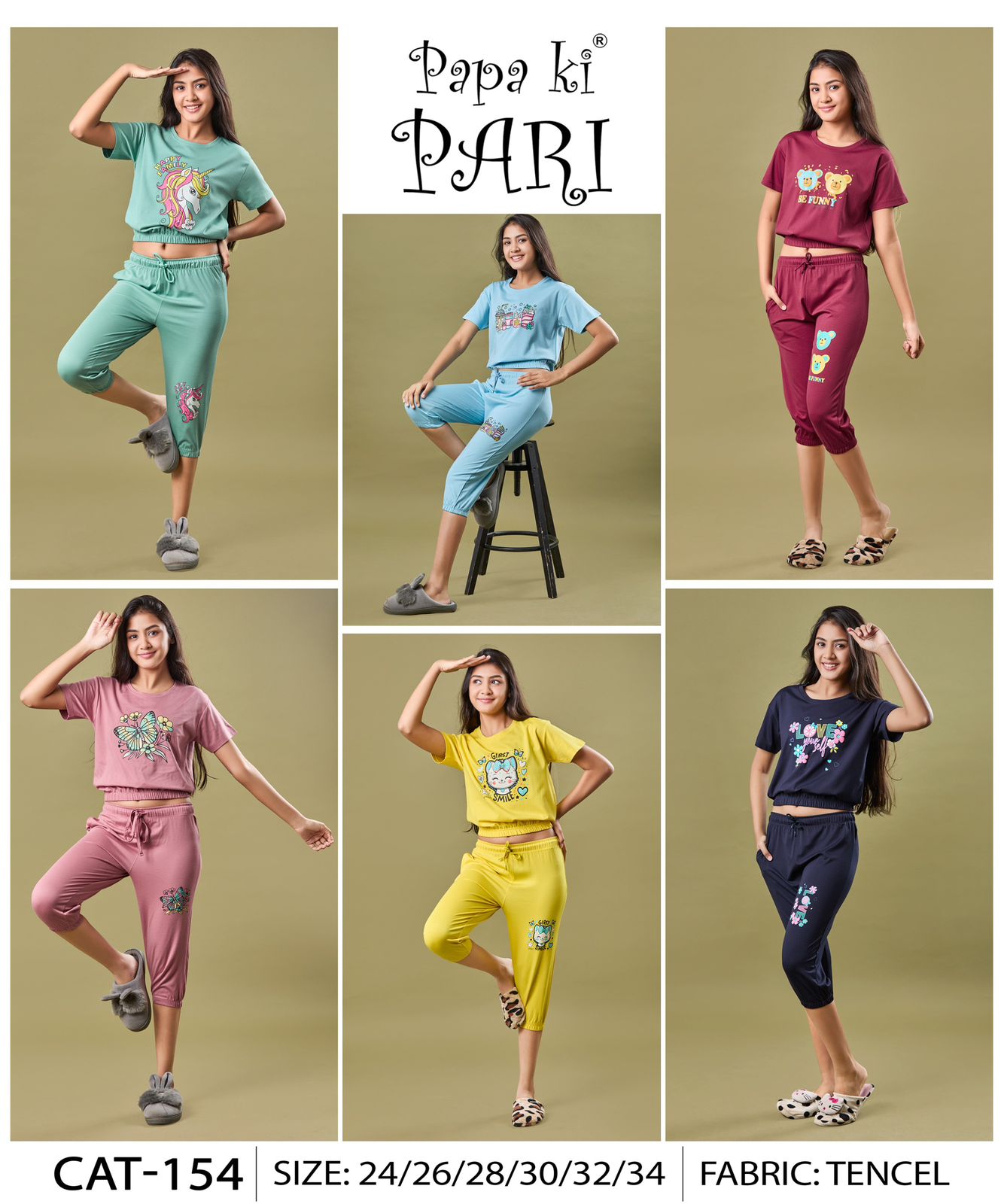 Cat 154 Papa Ki Pari Tencil Lycra Girls Capri Night Suits Wholesale Price