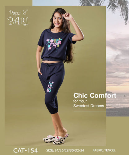 Cat 154 Papa Ki Pari Tencil Lycra Girls Capri Night Suits Wholesale Price