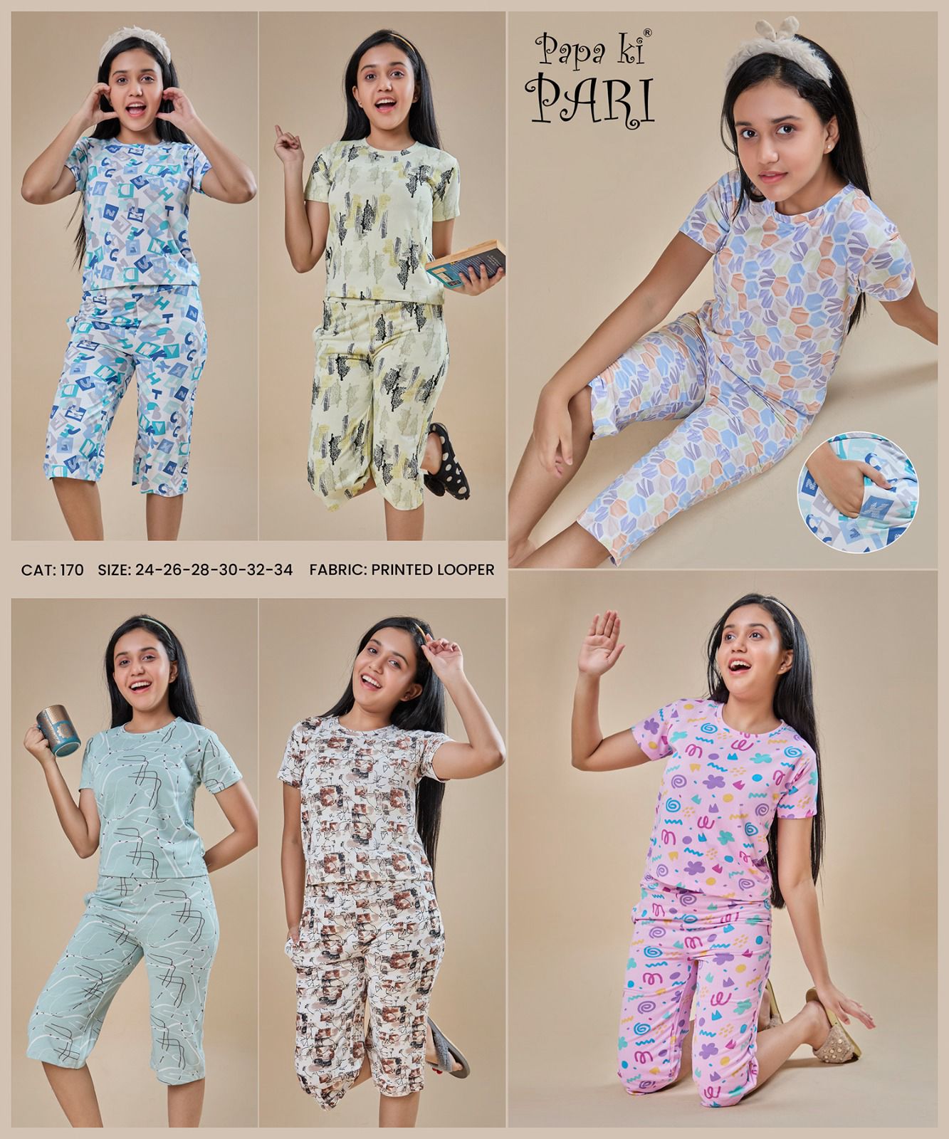 Cat 170 Papa Ki Pari Looper Girls Capri Night Suits Wholesale Price
