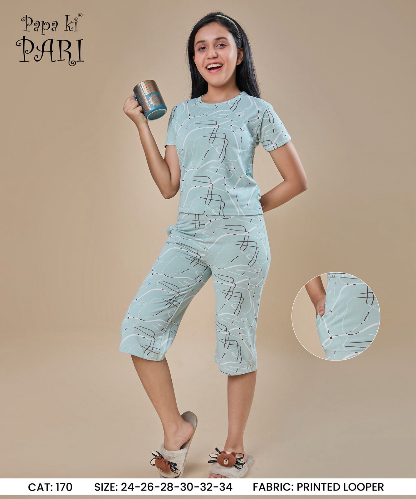 Cat 170 Papa Ki Pari Looper Girls Capri Night Suits Wholesale Price