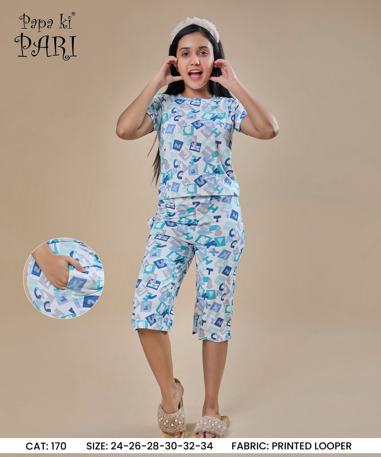 Cat 170 Papa Ki Pari Looper Girls Capri Night Suits Wholesale Price