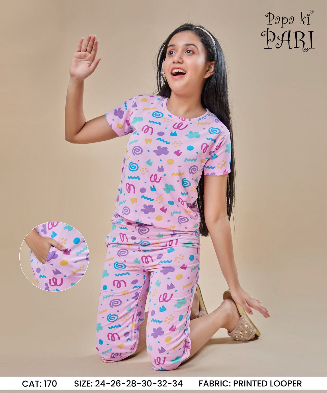 Cat 170 Papa Ki Pari Looper Girls Capri Night Suits Wholesale Price