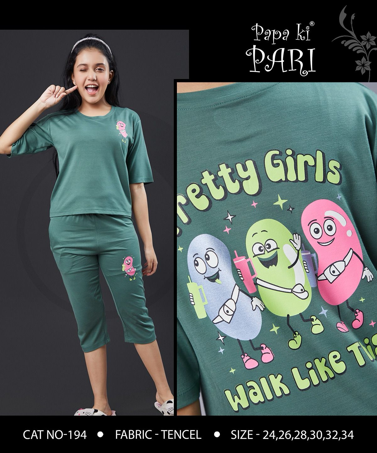 Cat 194 Papa Ki Pari Lycra Tencil Girls Capri Night Suits Exporter Ahmedabad