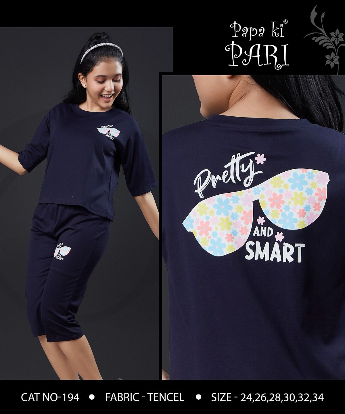 Cat 194 Papa Ki Pari Lycra Tencil Girls Capri Night Suits Exporter Ahmedabad