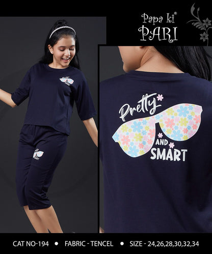 Cat 194 Papa Ki Pari Lycra Tencil Girls Capri Night Suits Exporter Ahmedabad
