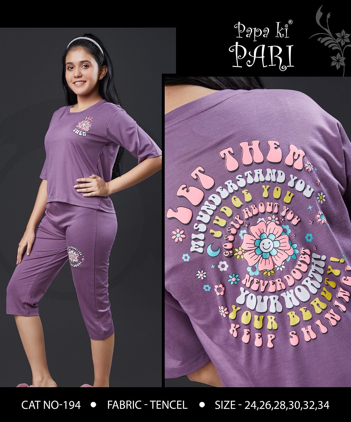 Cat 194 Papa Ki Pari Lycra Tencil Girls Capri Night Suits Exporter Ahmedabad