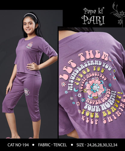 Cat 194 Papa Ki Pari Lycra Tencil Girls Capri Night Suits Exporter Ahmedabad